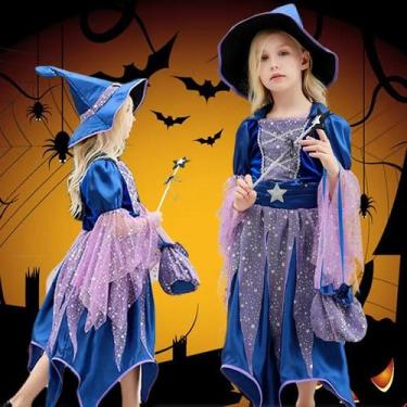 Imagem de Fantasia Infantil Juvenil Halloween De Bruxa Com Bolsa Chapéu e Vara -