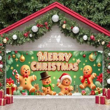 Imagem de Pano de fundo de bandeira de porta de garagem de pão de gengibre de Natal 6,6 × 15,18 m Feliz Natal decoração de porta de garagem mural ao ar livre para férias de inverno, véspera de ano novo