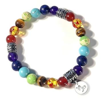 Imagem de PDOUSELF Pulseira de signo do zodíaco 7 chacras com pingente de signo do zodíaco, pulseira elástica de 12 constelações para mulheres, homens, amantes, joias, presente de aniversário, One Size, Pedra
