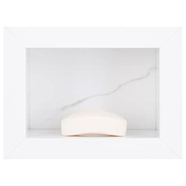 Imagem de Saboneteira de Porcelanato Elegante - (Carrara Gioia) 17x12x11 cm, com Borda de Alumínio, Design Clean para Banheiro e Lavabo