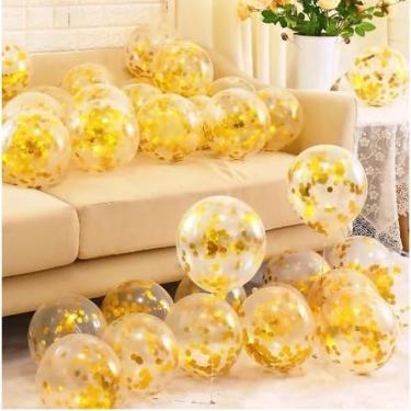 Imagem de Kit De 5 Ou De 10 Balão Cristal Transparente N9 Com Confete 10 mm Colorido, Festas e Decoração.(C/10 Dourado)