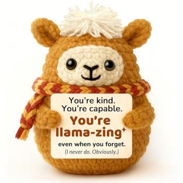 Imagem de Krinisou Presentes de lhama de crochê Positive Animals – Presente engraçado de aniversário de alpaca para mulheres e homens, pelúcia de encorajamento edificante, presente fofo de Papai Noel secreto de