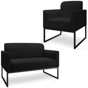 Imagem de Conjunto Namoradeira e Poltrona Decorativa Isabella Base Industrial Linho Preto - Gran Belo