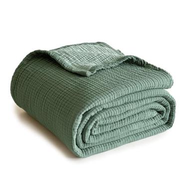 Imagem de Simple&Opulence Cobertor de musselina 100% algodão, tamanho king, leve, respirável, 4 camadas, cobertor de gaze para sofá, colcha macia para todas as estações, verde sálvia, 172 x 218 cm