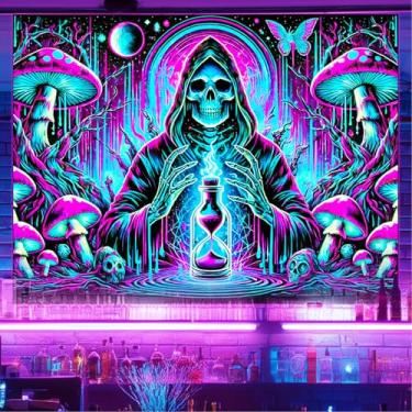 Imagem de BlissYard Tapeçaria de Halloween Grim Reaper BlackLight com caveira neon reativa UV para pendurar na parede 198 x 139 cm, cena de esqueleto de ampulheta psicodélica para quarto, sala de estar