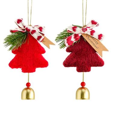 Imagem de Enfeites de árvore de Natal com pingente de pelúcia e sino dourado, lindas decorações felpudas para festas de fim de ano, presentes de festa em casa com chave, telefone, enfeites de câmera - vermelho