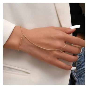 Imagem de Pulseiras femininas banhadas a ouro com anel de dedo delicadas e ajustáveis para mulheres, joias simples e modernas, não mancham, One Size, Metal, Sem Pedra Preciosa