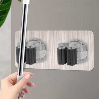 Imagem de Suporte preto para vassoura e esfregão, gancho de esfregão resistente, ganchos utilitários autoadesivos montados na parede para banheiro, cozinha, escritório (20 x 7,5 cm, dois ganchos)