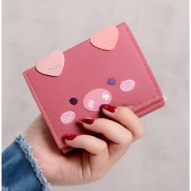 Imagem de Carteira feminina com três dobras com cabeça de porco, bloqueio RFID de couro com janela para identidade, Rosa escuro, Carteira pequena