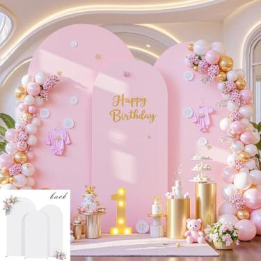 Imagem de Conjunto de 3 capas de fundo de arco rosa e branco - Capas de arco de elastano 2,5 m 1,6 m 1,8 m pano de fundo elástico para cerimônia de casamento, chá de bebê de noiva, festa de aniversário
