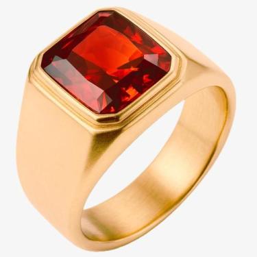 Imagem de Anel Masculino Pedra Vermelha Granada Dourado Banhado Grande Comendado