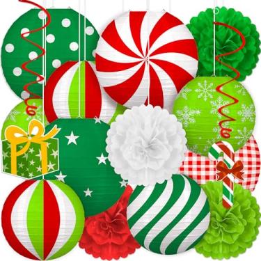 Imagem de Renbuzhu Conjunto de 15 peças de enfeites de decoração de Natal – 9 lanternas de papel verdes vermelhas e brancas, 4 pompons, 2 redemoinhos para pendurar, casa, festa de Natal, decoração de varanda