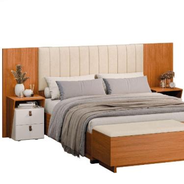 Imagem de Cabeceira Extensível 1,40/1,60m Estofado Com 2 Mesas De Apoio Malaga Dobuê Madeirado / Off White