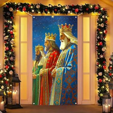Imagem de BlissYard Merry Christmas Capa para porta de 188 x 89 cm Decoração de Natal Banners de Porta de Varanda Decoração Inverno Três Homens Sábios Noite Estrelada Presépio para Fundo de Sinalização Festa de