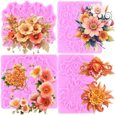 Imagem de MIYAHOUSE Molde de silicone para fondant de flor barroco para decoração de bolos, enfeite de cupcake, pasta de goma de chocolate, argila de polímero, conjunto de 4
