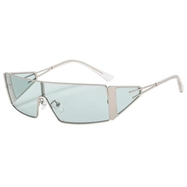 Imagem de HCPIHF Óculos de sol retangulares de armação grande de metal, feminino, luxuoso, vintage, masculino, punk, UV400 (prata-verde)