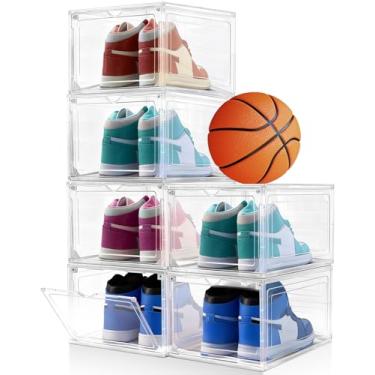Imagem de Bgtecho Pacote com 6 caixas de armazenamento de sapatos, empilháveis de plástico transparente, organizador de armazenamento de sapatos com porta magnética, organizador de sapatos espesso e resistente