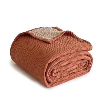 Imagem de Simple&Opulence Cobertor de musselina 100% algodão king size, cobertor de gaze leve e respirável com 4 camadas para sofá de cama, colcha macia para uso em todas as estações, laranja ferrugem, 223 x