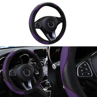 Imagem de Couslcd Capa de volante de carro, protetor de volante elástico de couro sintético de microfibra de fibra de carbono de 38 cm para homens e mulheres, acessórios internos de carro respiráveis