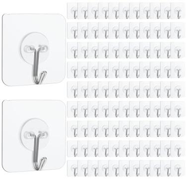 Imagem de MAQUITA Pacote com 200 ganchos de parede adesivos de 11 kg (máx.) Ganchos autoadesivos resistentes, transparentes reutilizáveis para pendurar em cozinhas, banheiro, escritório