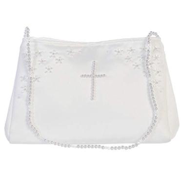 Imagem de Bolsa de primeira comunhão de cetim branco com design de pérola e cruz, Cruz branca, One Size
