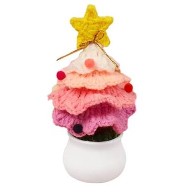 Imagem de Enfeite de mesa de tricotado artificial de terylene feito à mão em vaso de árvore de Natal lindo crochê (rosa)