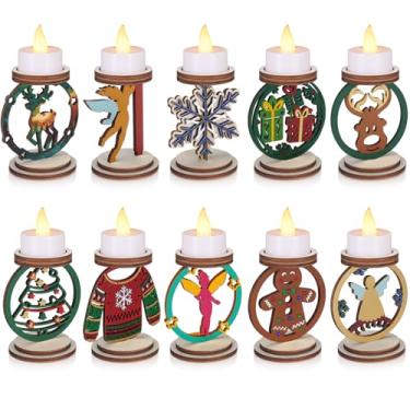 Imagem de Kathfly Conjunto de 10 castiçais de Natal, castiçal de madeira, recortado, rena, floco de neve, castiçal para sala de estar, mesa de jantar, decorações internas