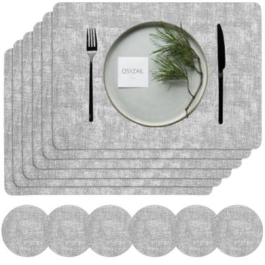 Imagem de QSYZAIL Jogo americano conjunto de 6 com porta-copos, tapetes de mesa de vinil de couro sintético para cozinha e festa ao ar livre