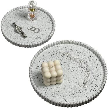 Imagem de happimess TRY3001B-2SET Bandejas decorativas modernas minimalistas de concreto caneladas para armazenamento, decoração, exibição, mesa de centro ou servir comida, branco salpicado (conjunto de 2)