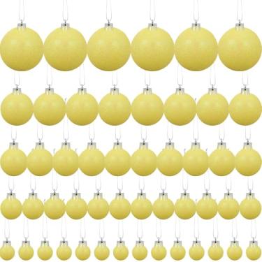 Imagem de 50 peças, 5 tamanhos, enfeites de bola de Natal amarela com glitter, árvore de Natal inquebrável, com laço para pendurar e corda, bola decorativa de Natal para decoração de guirlanda de guirlanda de