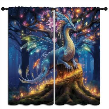 Imagem de BAIGEZHU Cortinas blackout de dragão para meninos e meninas, decoração de casa, fantasia mágica, floresta animal selvagem, isolamento térmico, bolso para varão, escurecimento de varão, cortinas de