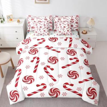 Imagem de Erosebridal Conjunto de cama casal de 7 peças de bengala doce de Natal, vermelho e branco, para crianças, meninos, meninas, floco de neve, edredom com lençol com enchimento de edredom de feliz Natal