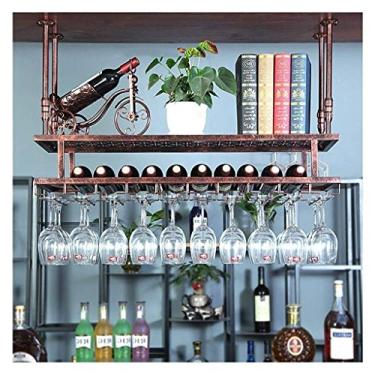 Imagem de Rack de vidro alto de dois andares, rack de vinho suspenso, suporte de copo pendurado para mesa de bar, decoração de vinho para casa rack de vinho europeu (cor: marrom, tamanho: 100 * 30 cm)