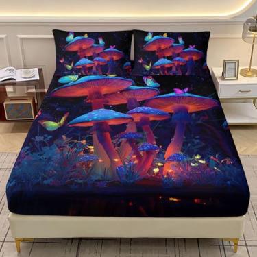 Imagem de AILONEN Jogo de lençol Queen com elástico cogumelo, fantasia de fungo selvagem natural, borboleta, 1 lençol com elástico + 2 fronhas, 3 peças