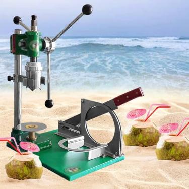 Imagem de JYXYXSCP Abridor de coco de aço inoxidável vertical, máquina manual de abertura de orifício verde coco com 3 alças antiderrapantes, altura ajustável, base de metal espessa