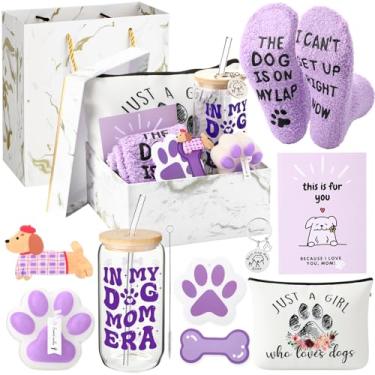 Imagem de Qinyoung 12 peças de presentes de Natal para mãe de cachorro, copo de 500 ml, presente de natal para amantes de cães, conjunto de cesta com meias de vela perfumada, clipe de cabelo, chaveiro para