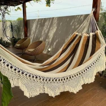 Imagem de Redes Brazil Rede de Dormir Casal, Algodão Listrado, Bege/Marrom/Caramelo, Suporta 200kg, 420x170cm, 3kg, Macramê