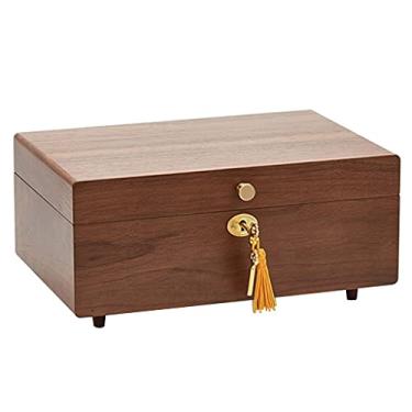 Imagem de 3FLQOOPP Caixa de joias retrô de madeira grande capacidade caixa de armazenamento colar anel brinco caixa de armazenamento com cadeado (marrom 20 × 14 × 30 cm)