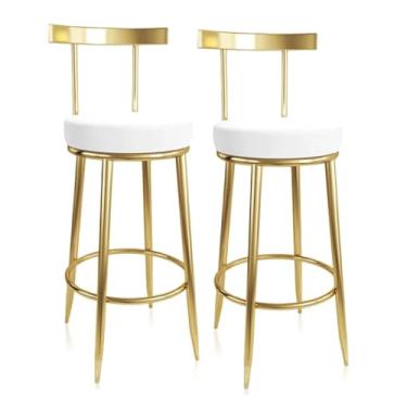 Imagem de Banqueta de bar conjunto de 2 cadeiras de bar de couro PU com encosto e pernas de metal dourado banco balcão carga 150 kg para bar jantar café banco alto bonito