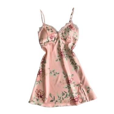 Imagem de HSYHKDSY Vestido de noite floral de cetim feminino decote em V estampado camisola camisola camisola (1L)