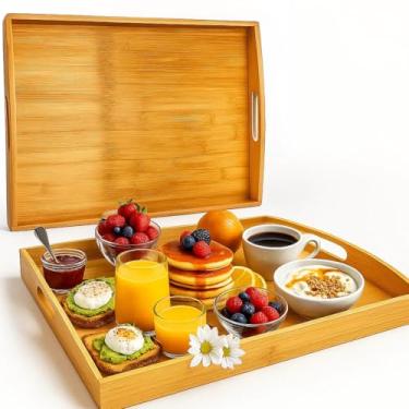 Imagem de Bandeja Retangular de Bambu c/Alça Lateral 40x28cm Bandeja de Servir Café Da Manhã Decoração Cantinho do Café Média Yab