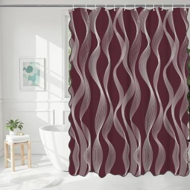 Imagem de BOYOUTH Cortina de chuveiro de bolinhas listradas estilo hotel com borda preta recortada, cortina de banho de tecido impermeável para banheiro hotel decoração de banheira, vinho, 182 x 182 centímetros
