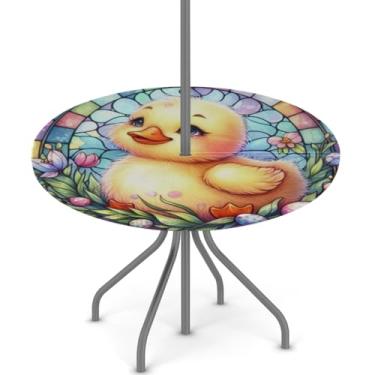 Imagem de hongjinglin Toalha de mesa de Páscoa para uso ao ar livre com orifício para guarda-chuva, toalha de mesa redonda elástica com zíper, impermeável, limpável, para piquenique, festa, pátio, serve para