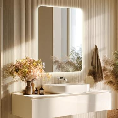 Imagem de Espelhos iluminados de 91 cm x 61 cm para banheiro com cantos arredondados retangulares retroiluminados, espelho de banheiro de LED sem moldura com luzes antiembaçamento, regulável, 3 cores, vidro