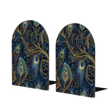 Imagem de Penas de pavão colorido grande suporte de livros de madeira decorativo antiderrapante resistente terminais de livro para mesa de escritório em casa biblioteca de estudo escolar divisórias de livros