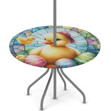 Imagem de hongjinglin Toalha de mesa de Páscoa para uso ao ar livre com orifício para guarda-chuva, toalha de mesa redonda elástica com zíper, impermeável, limpável, para piquenique, festa, pátio, serve para