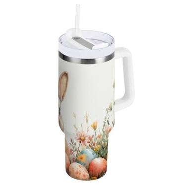 Imagem de ATTX Copo de coelho da Páscoa de 1,134 g com alça, copo de aço inoxidável a vácuo de parede dupla com palha, caneca de café de viagem isolada #59