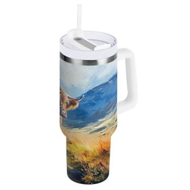 Imagem de xigua Copo Highland Cow 1,134 g com tampa e canudo, aço inoxidável de vácuo duplo isolado garrafa de água esportiva suporte para copo de café de viagem à prova de vazamento para bebida gelada