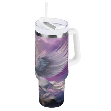 Imagem de Blueangle Copo isolado de 850 g com alça e tampa de canudo - Caneca de viagem de aço inoxidável à prova de vazamento, garrafa de água de cavalo branco a vácuo de parede dupla (360)