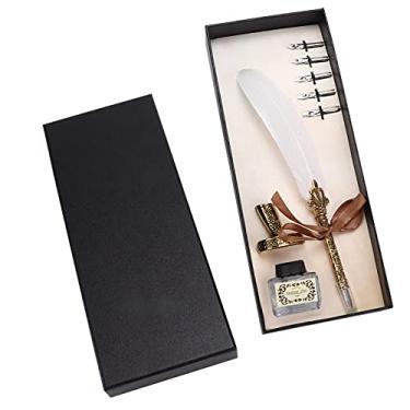 Imagem de Conjunto de canetas de penas artesanais, retrô esculpido em aço inoxidável, traje de escrita para presente de assinatura, decoração de mesa (Branca)